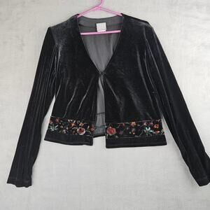Black Velvet Embroidered Boho Y2K Floral Trim Cardigan Top Size 10